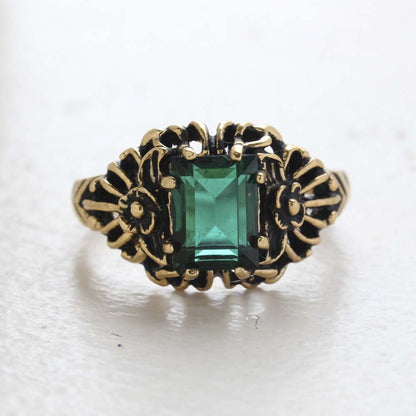 Vintage Ring Emerald Cut Emerald Austrian Crystal 18kt Antiqued Yellow Gold Plated Filligree Ring by PVD Vintage Jewelry - I Bought a Yard Sale