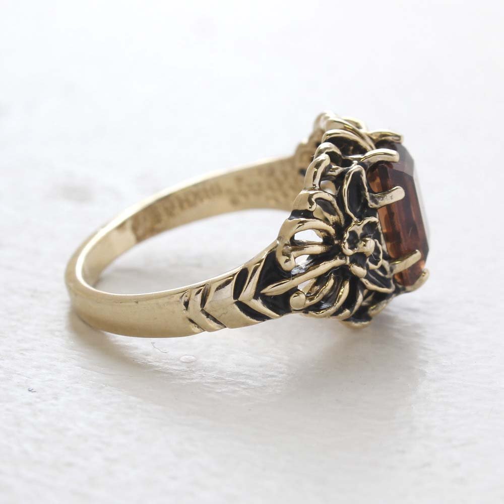 Vintage Ring Emerald Cut Emerald Austrian Crystal 18kt Antiqued Yellow Gold Plated Filligree Ring by PVD Vintage Jewelry - I Bought a Yard Sale