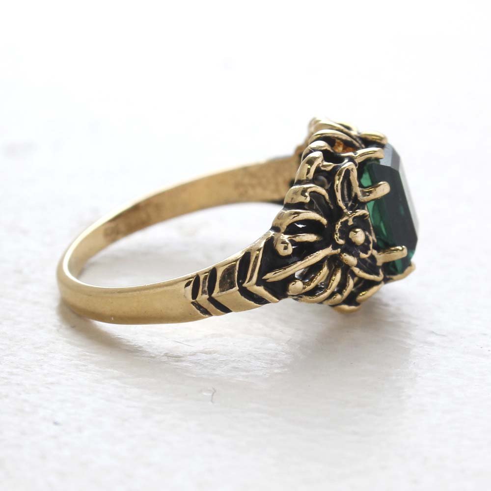 Vintage Ring Emerald Cut Emerald Austrian Crystal 18kt Antiqued Yellow Gold Plated Filligree Ring by PVD Vintage Jewelry - I Bought a Yard Sale