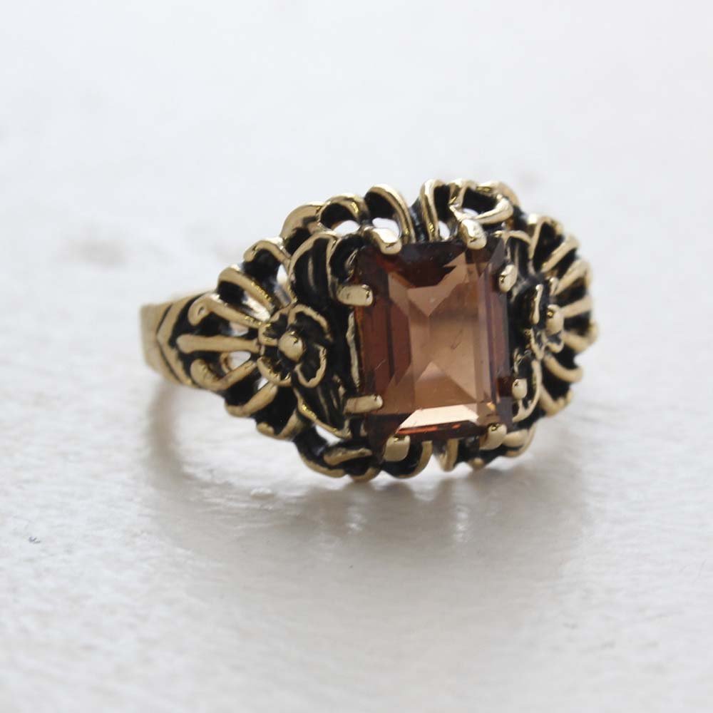 Vintage Ring Emerald Cut Emerald Austrian Crystal 18kt Antiqued Yellow Gold Plated Filligree Ring by PVD Vintage Jewelry - I Bought a Yard Sale