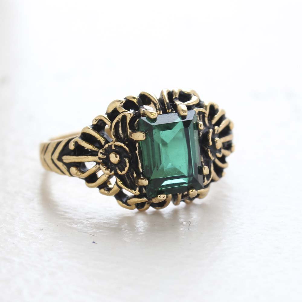 Vintage Ring Emerald Cut Emerald Austrian Crystal 18kt Antiqued Yellow Gold Plated Filligree Ring by PVD Vintage Jewelry - I Bought a Yard Sale