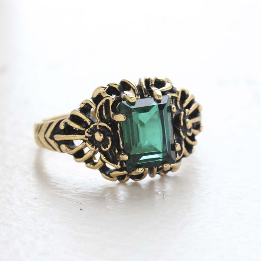Vintage Ring Emerald Cut Emerald Austrian Crystal 18kt Antiqued Yellow Gold Plated Filligree Ring by PVD Vintage Jewelry - I Bought a Yard Sale