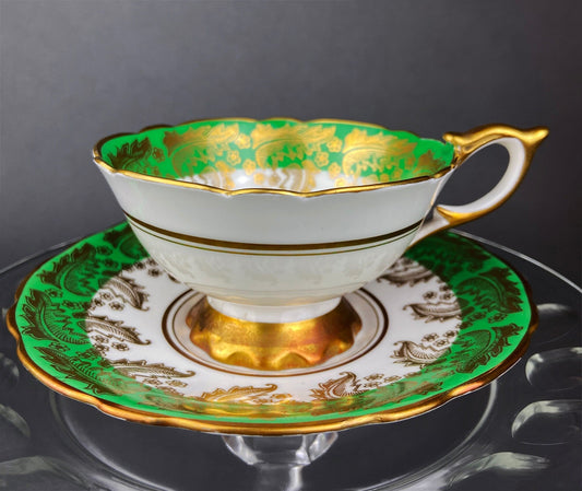 Vintage Royal Stafford Tea Cup and Saucer. Rare Green Coloring with Gold Filigree Motif. Made in England. - I Bought a Yard Sale