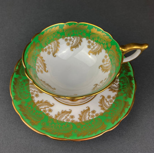 Vintage Royal Stafford Tea Cup and Saucer. Rare Green Coloring with Gold Filigree Motif. Made in England. - I Bought a Yard Sale