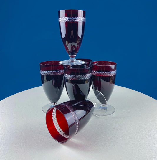 Vintage Ruby Red Bohemian Crystal Wine Water Goblets. Red to Clear with Engraved Laurel Wreath Band. Set of Six Stemware. Dining Room Decor - I Bought a Yard Sale