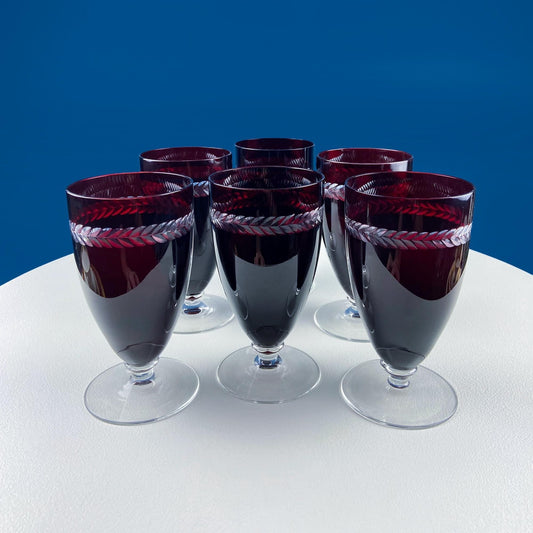 Vintage Ruby Red Bohemian Crystal Wine Water Goblets. Red to Clear with Engraved Laurel Wreath Band. Set of Six Stemware. Dining Room Decor - I Bought a Yard Sale