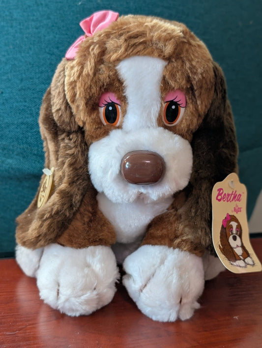 Vintage Russ Bertha Bassett Hound Brown Dog Plush Pink Bow 9" Stuffed Animal Tag - I Bought a Yard Sale