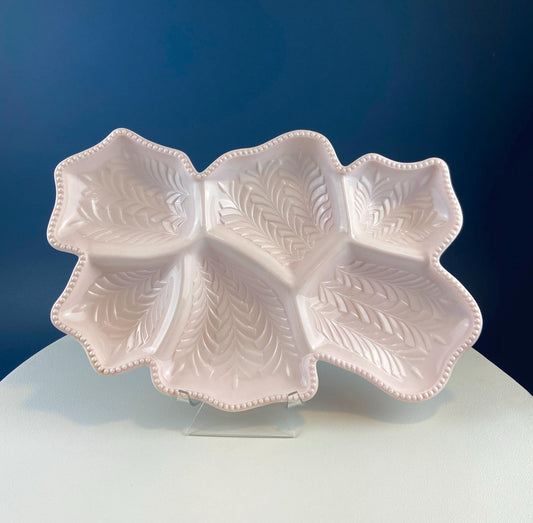 Vintage Shell Pink Jeanette Milk Glass Divided Serving Platter. Stunning 3 - d Feather Motif. 6 Section Bowl. Appetizers Condiments Fruit. - I Bought a Yard Sale