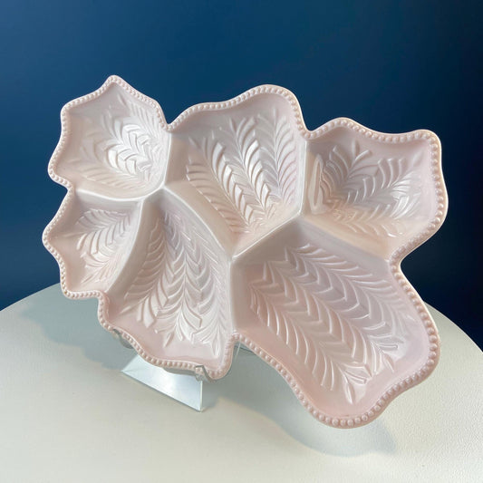 Vintage Shell Pink Jeanette Milk Glass Divided Serving Platter. Stunning 3 - d Feather Motif. 6 Section Bowl. Appetizers Condiments Fruit. - I Bought a Yard Sale