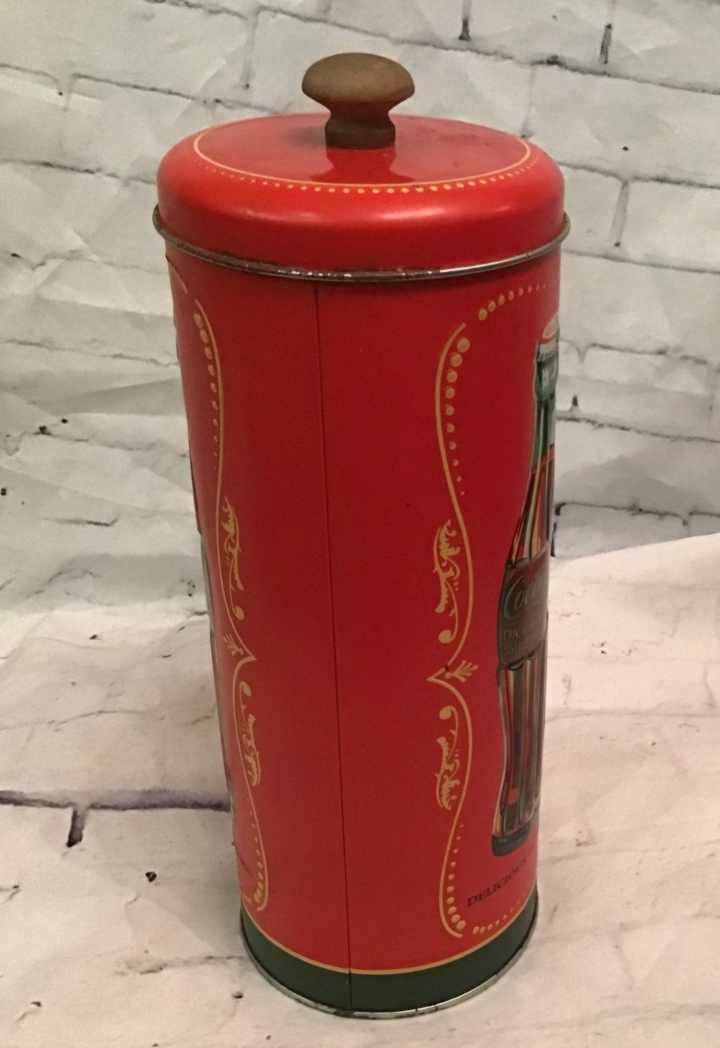 Vintage Tin Coca Cola straw holder has a little rust on rim of top - I Bought a Yard Sale