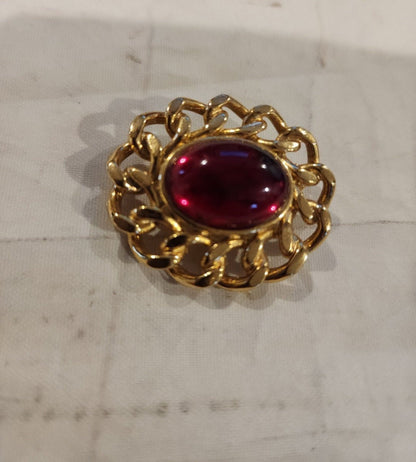 Vintage Unsigned Red Dome Brooch encased in a Gold tone setting. - I Bought a Yard Sale
