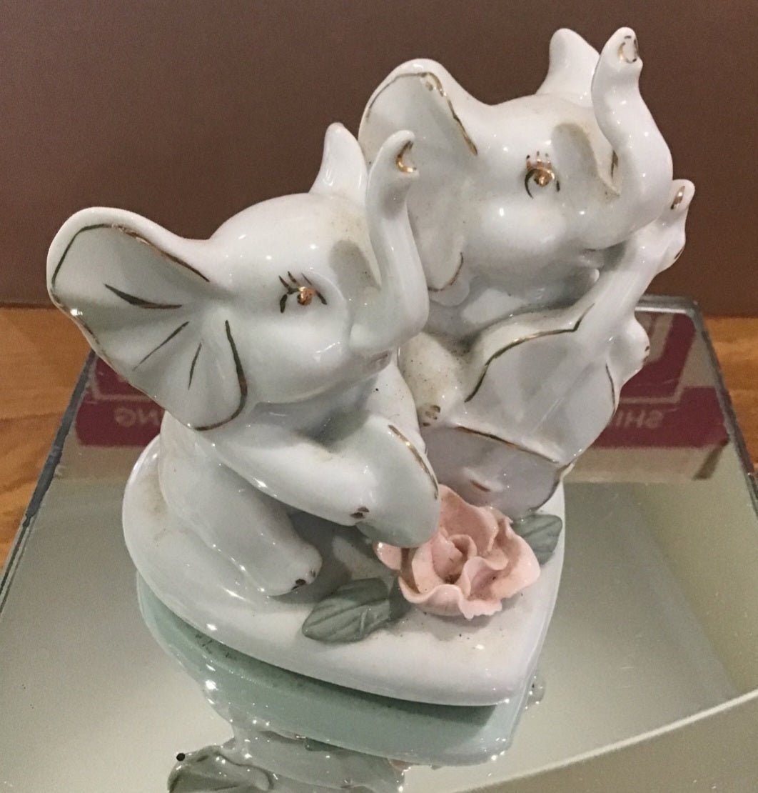 Vintage Victorian 2 sets of Porcelain Elephants on heart base with rose accents - I Bought a Yard Sale