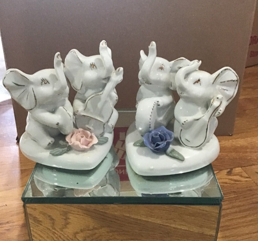 Vintage Victorian 2 sets of Porcelain Elephants on heart base with rose accents - I Bought a Yard Sale
