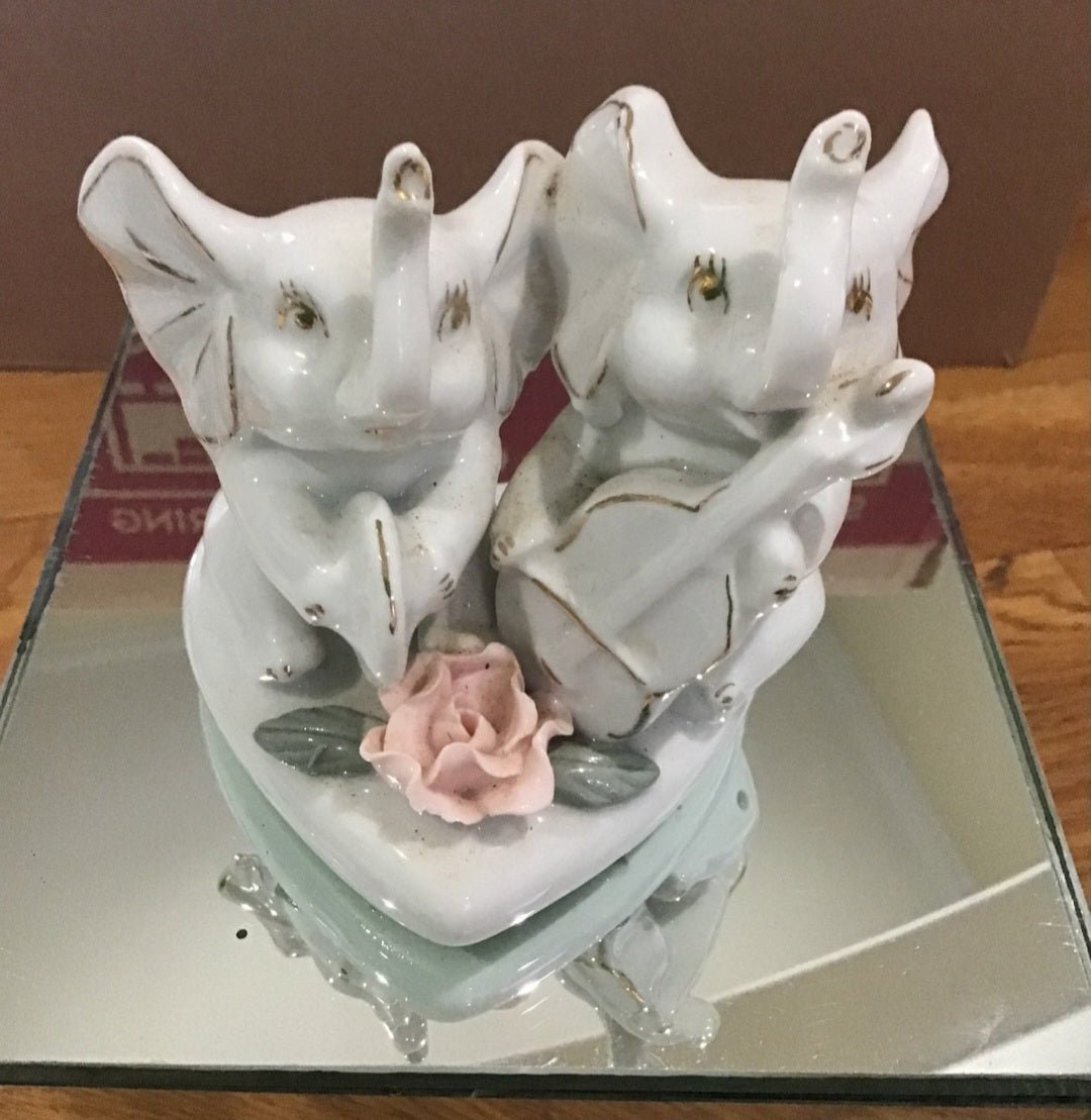 Vintage Victorian 2 sets of Porcelain Elephants on heart base with rose accents - I Bought a Yard Sale