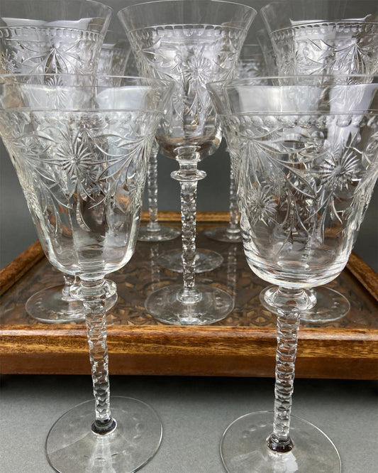 Vintage Wine/Water Goblets. Cut Crystal Tall Stemware. Daisy Garland Motif. Set of Ten Glasses - I Bought a Yard Sale