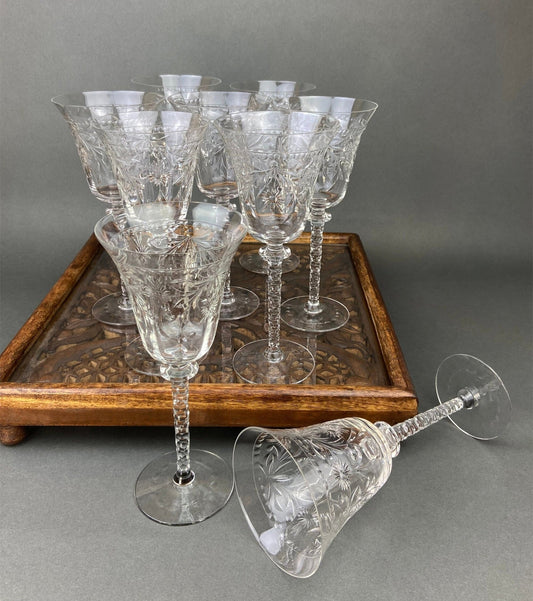 Vintage Wine/Water Goblets. Cut Crystal Tall Stemware. Daisy Garland Motif. Set of Ten Glasses - I Bought a Yard Sale