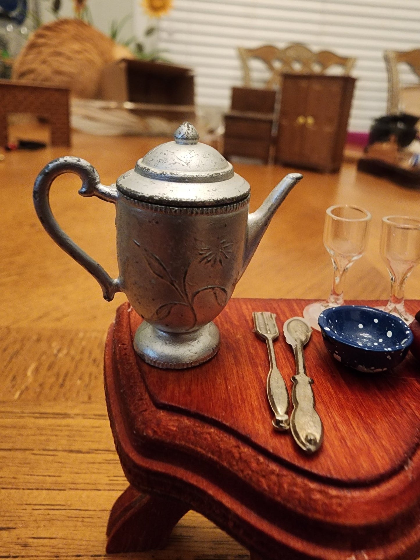 Vintage Wooden Side Table & metal tea pot wine glasses and more for dollhouse - I Bought a Yard Sale