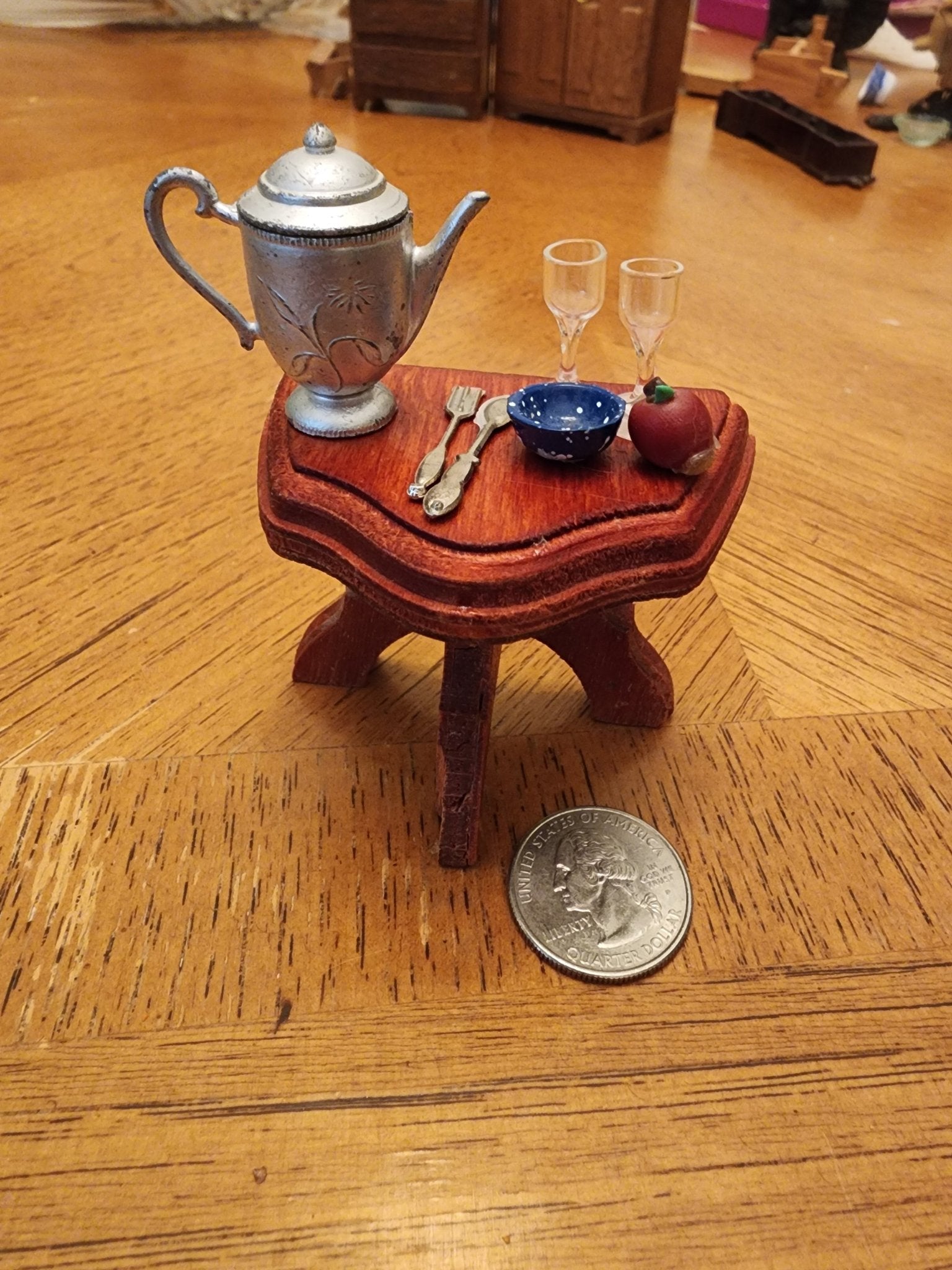 Vintage Wooden Side Table & metal tea pot wine glasses and more for dollhouse - I Bought a Yard Sale