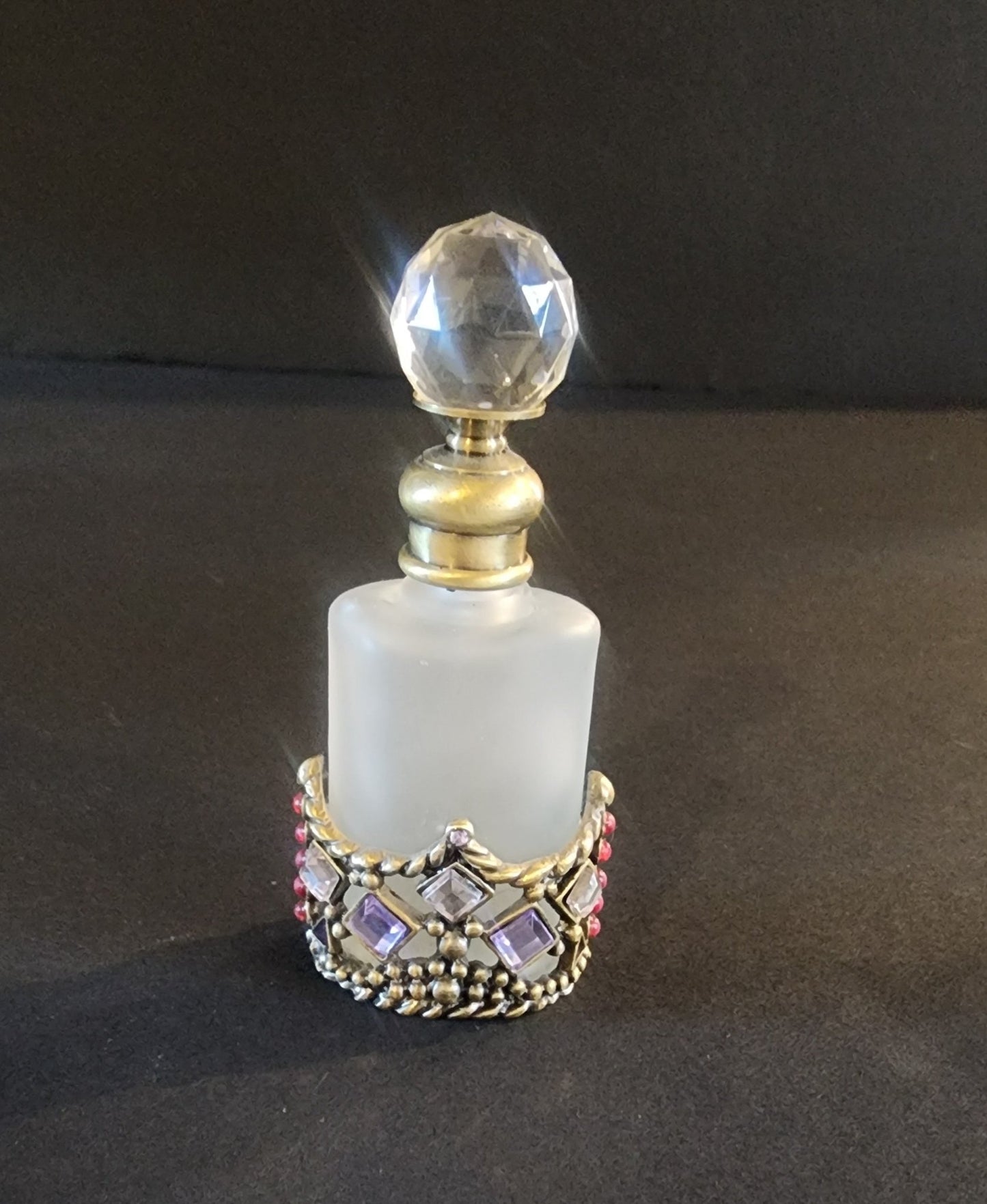 Vtg Perfume Bottle Decanter Rhinestones Purple Pink Jewels Refillable Frosted - I Bought a Yard Sale