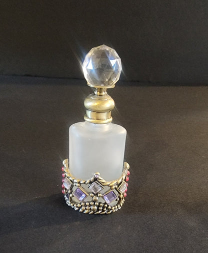 Vtg Perfume Bottle Decanter Rhinestones Purple Pink Jewels Refillable Frosted - I Bought a Yard Sale