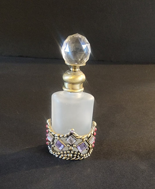 Vtg Perfume Bottle Decanter Rhinestones Purple Pink Jewels Refillable Frosted - I Bought a Yard Sale