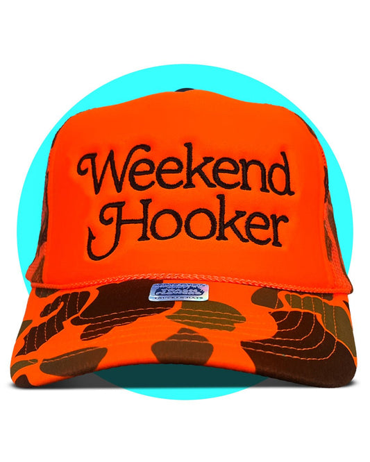 Weekend Hooker Hunting Orange Camo Embroidered Trucker Hat - I Bought a Yard Sale