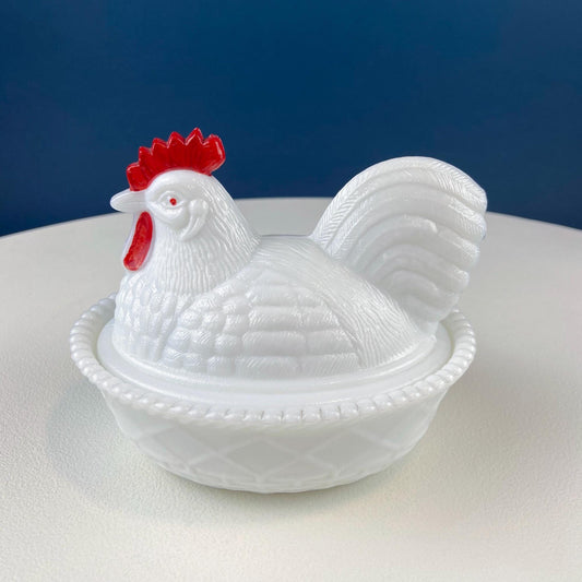 Westmoreland Milk Glass Covered Bowl Shaped Like Rooster on Nest. White Rooster with Red Comb. Lidded Butter Serving Dish. Modern Farmhouse. - I Bought a Yard Sale