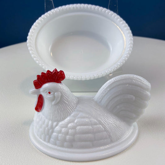 Westmoreland Milk Glass Covered Bowl Shaped Like Rooster on Nest. White Rooster with Red Comb. Lidded Butter Serving Dish. Modern Farmhouse. - I Bought a Yard Sale
