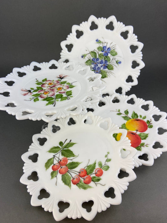 Westmoreland Milk Glass Decorative Plates with Hand Painted Violets, Cherry Blossom, and Fruit. Set of Four Plates with Reticulated Rim. - I Bought a Yard Sale