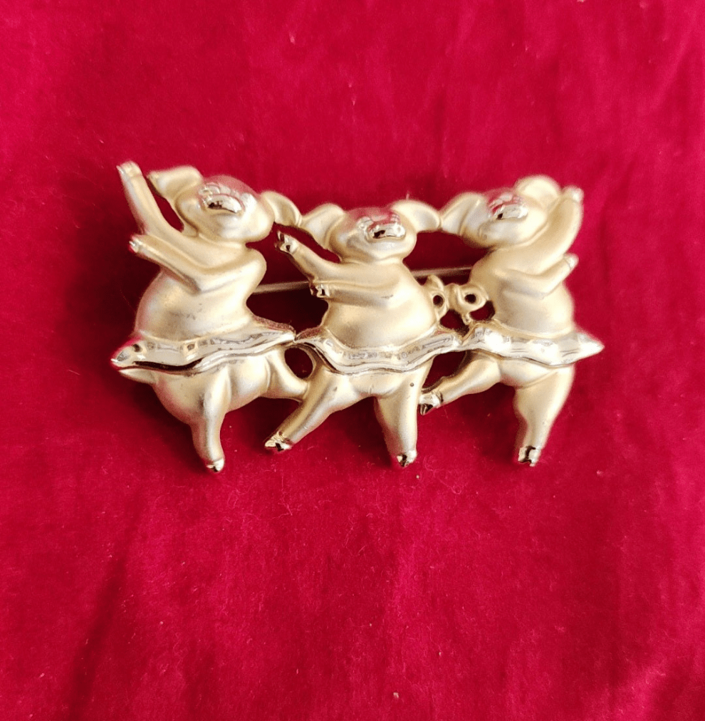 Whimsical Dancing Pigs Pin! This charming gold - tone brooch - I Bought a Yard Sale
