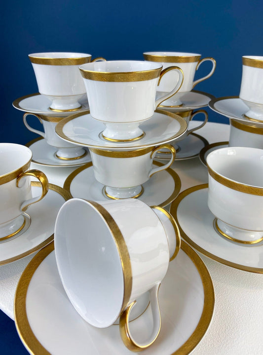 White & Gold Dish Set. Wedding Band China. Sango Spun Gold. Dinner, Salad or Dessert, Soup Plates, Sugar Bowl, Serving Dishes. - I Bought a Yard Sale