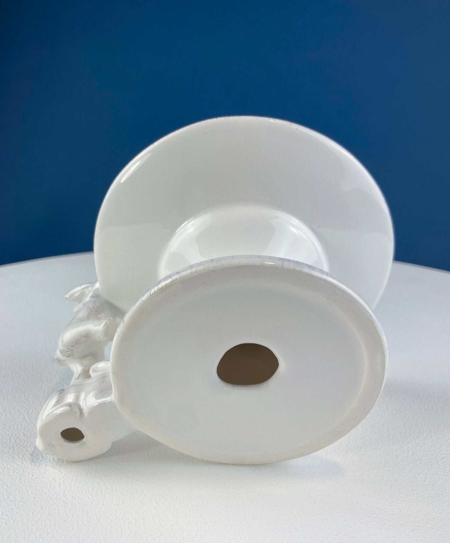 White Porcelain, Cupcake Sized Stand. Climbing Bunnies Detail. Rabbit Themed Table Accessories. Candy Dish, Candle Holder, Modern Farmhouse. - I Bought a Yard Sale