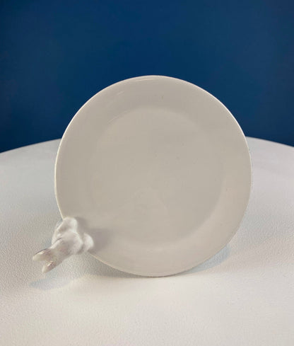 White Porcelain, Cupcake Sized Stand. Climbing Bunnies Detail. Rabbit Themed Table Accessories. Candy Dish, Candle Holder, Modern Farmhouse. - I Bought a Yard Sale