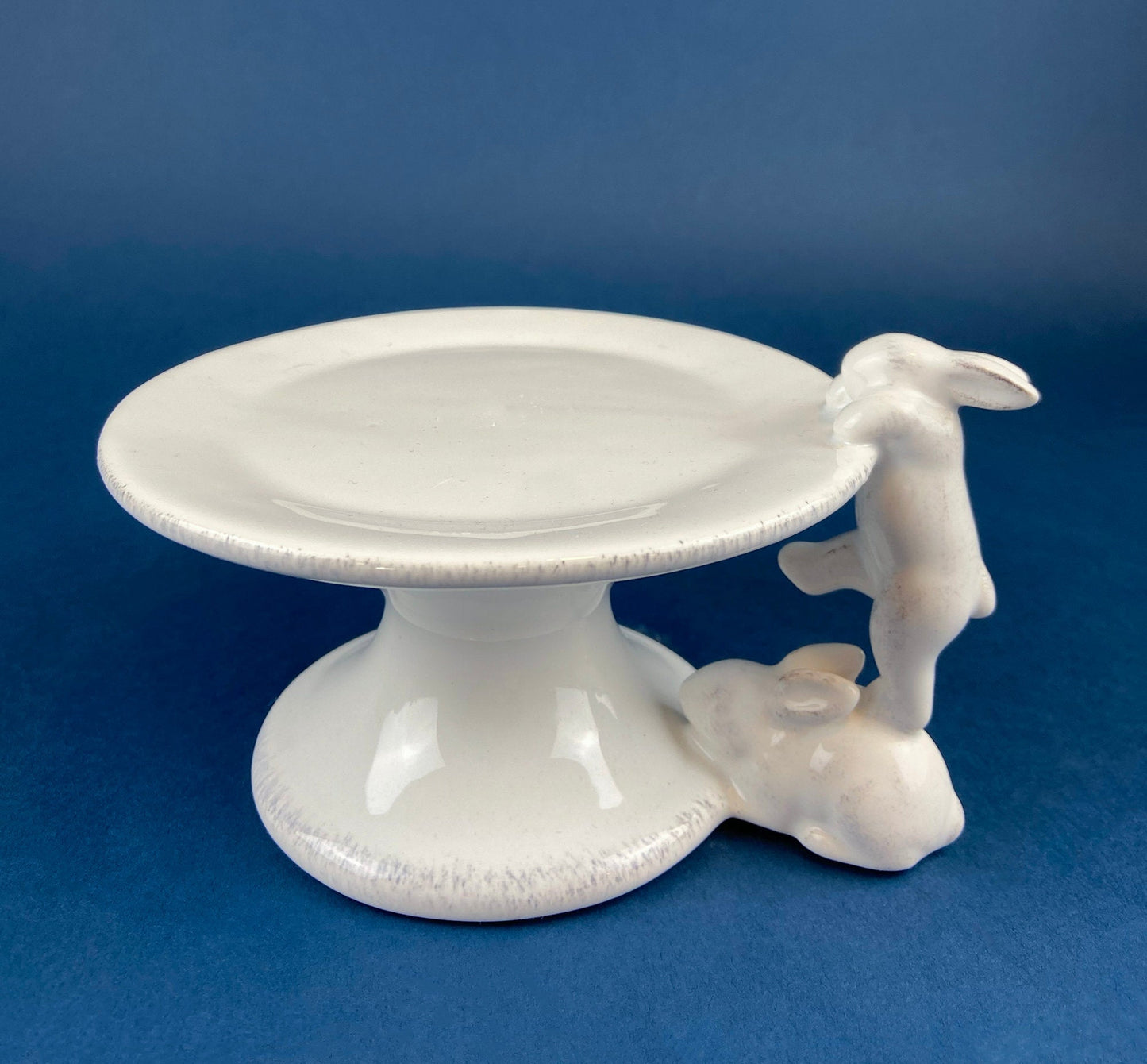 White Porcelain, Cupcake Sized Stand. Climbing Bunnies Detail. Rabbit Themed Table Accessories. Candy Dish, Candle Holder, Modern Farmhouse. - I Bought a Yard Sale