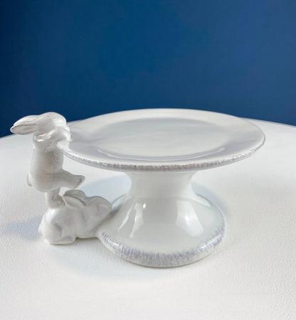 White Porcelain, Cupcake Sized Stand. Climbing Bunnies Detail. Rabbit Themed Table Accessories. Candy Dish, Candle Holder, Modern Farmhouse. - I Bought a Yard Sale