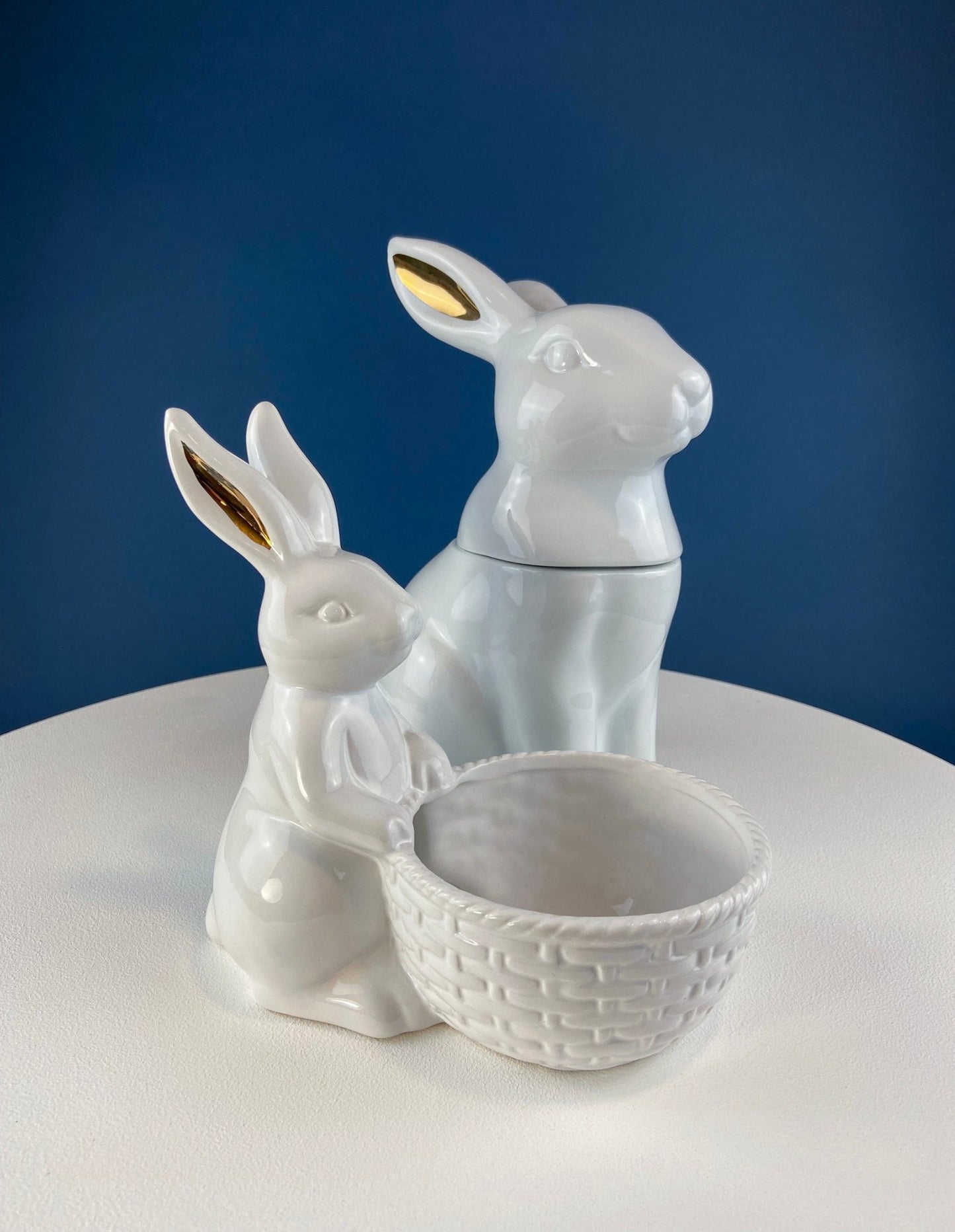 White Porcelain, Cupcake Sized Stand. Climbing Bunnies Detail. Rabbit Themed Table Accessories. Candy Dish, Candle Holder, Modern Farmhouse. - I Bought a Yard Sale