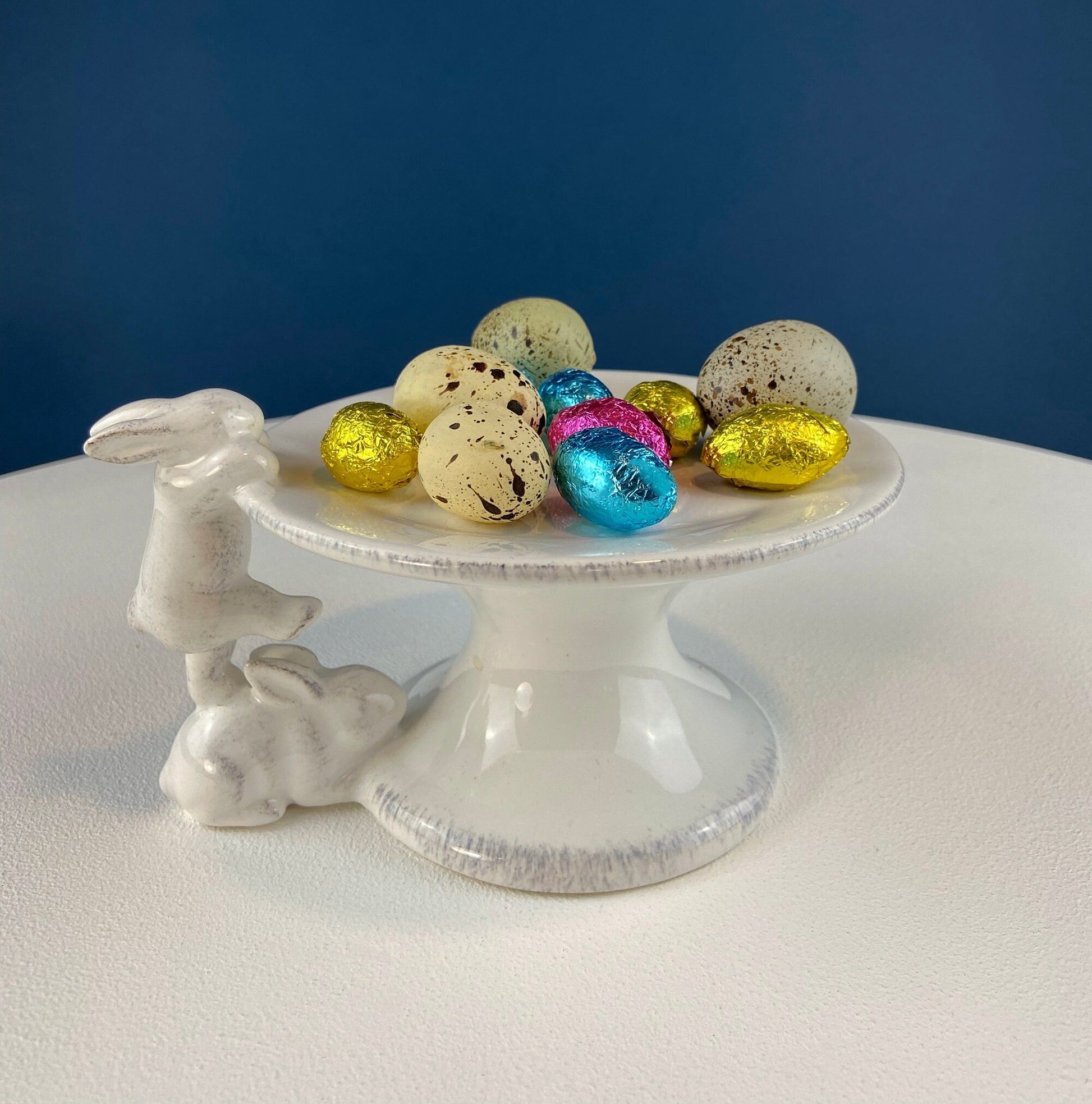 White Porcelain, Cupcake Sized Stand. Climbing Bunnies Detail. Rabbit Themed Table Accessories. Candy Dish, Candle Holder, Modern Farmhouse. - I Bought a Yard Sale