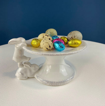 White Porcelain, Cupcake Sized Stand. Climbing Bunnies Detail. Rabbit Themed Table Accessories. Candy Dish, Candle Holder, Modern Farmhouse. - I Bought a Yard Sale