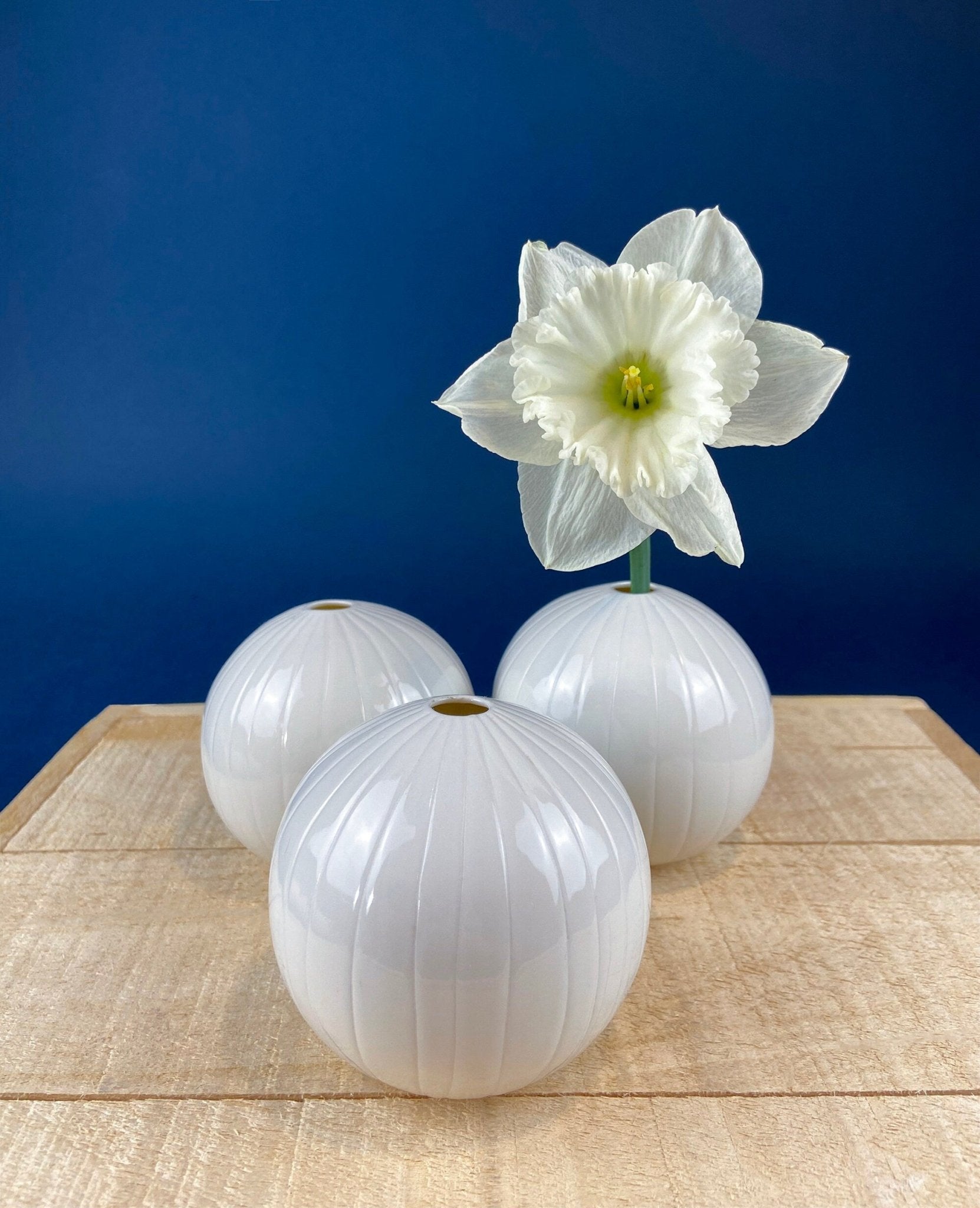 White, Porcelain Modern Vases. Set of Three Sperical Vases with Small Mouths and Fluting. Perfect for Breakfast Tray. Minimal Home Decor. - I Bought a Yard Sale