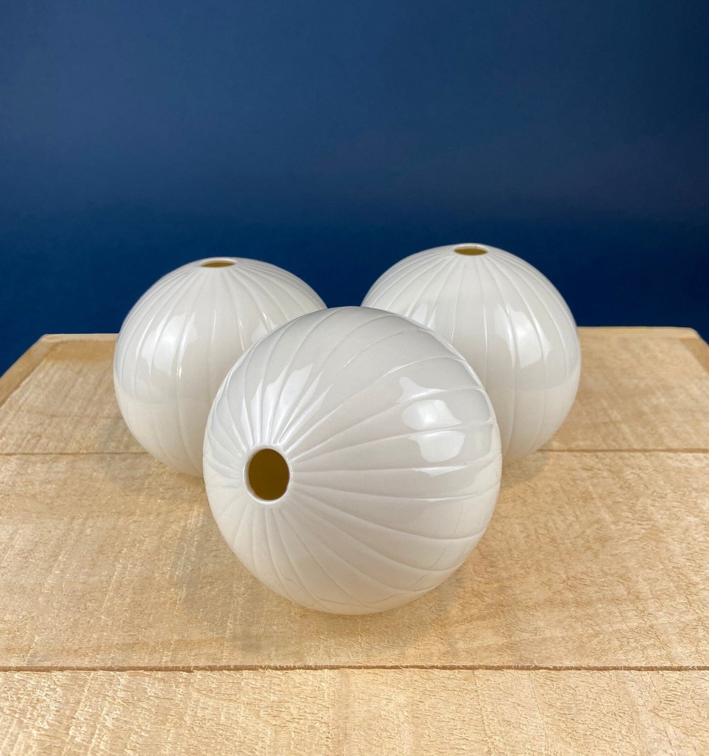 White, Porcelain Modern Vases. Set of Three Sperical Vases with Small Mouths and Fluting. Perfect for Breakfast Tray. Minimal Home Decor. - I Bought a Yard Sale
