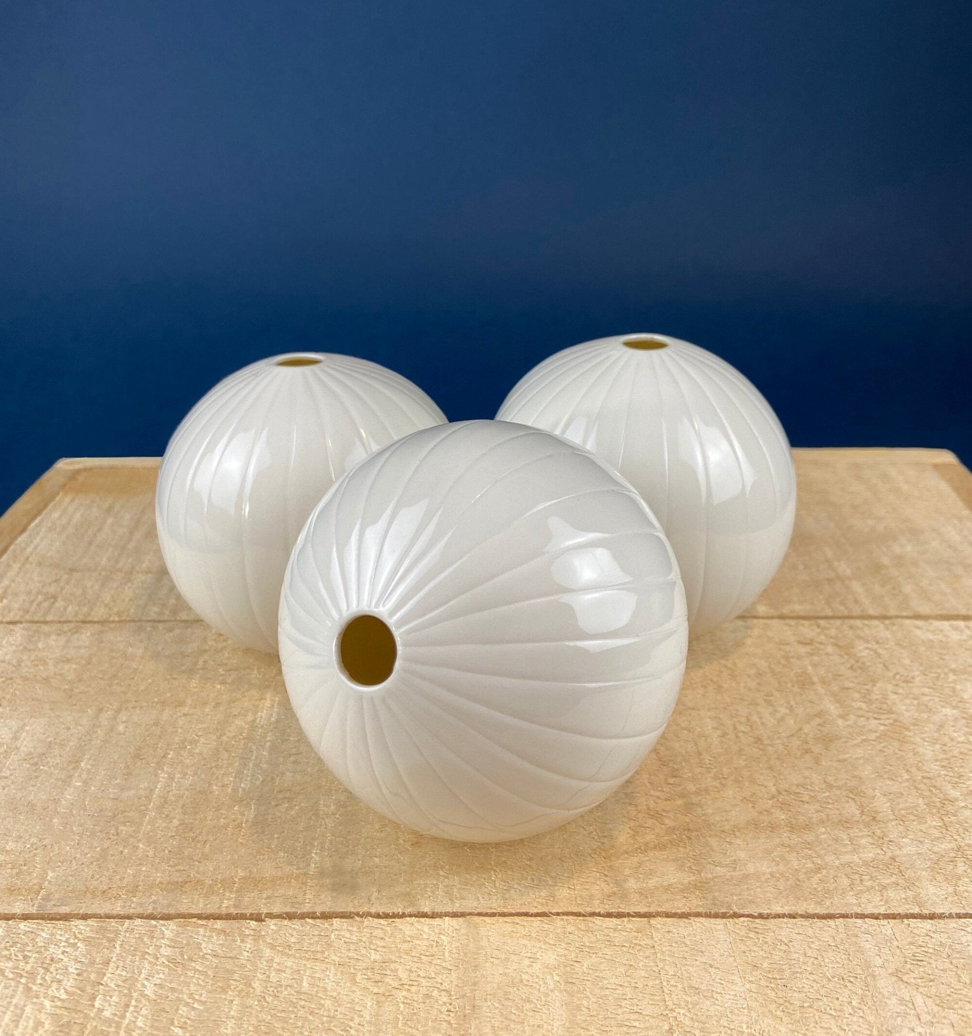 White, Porcelain Modern Vases. Set of Three Sperical Vases with Small Mouths and Fluting. Perfect for Breakfast Tray. Minimal Home Decor. - I Bought a Yard Sale