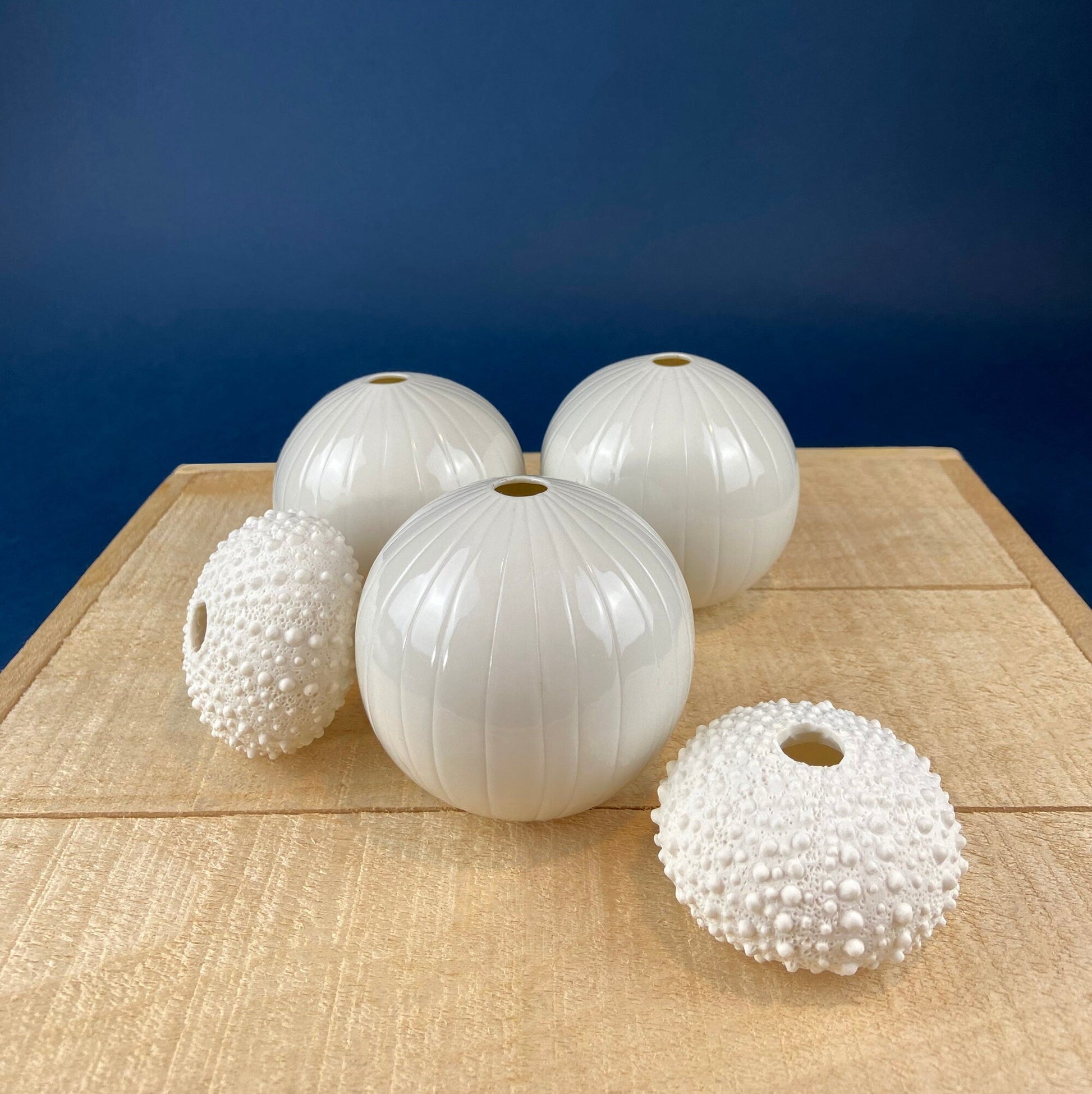 White, Porcelain Modern Vases. Set of Three Sperical Vases with Small Mouths and Fluting. Perfect for Breakfast Tray. Minimal Home Decor. - I Bought a Yard Sale