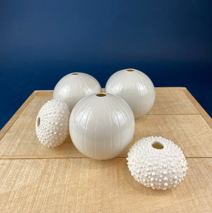 White, Porcelain Modern Vases. Set of Three Sperical Vases with Small Mouths and Fluting. Perfect for Breakfast Tray. Minimal Home Decor. - I Bought a Yard Sale