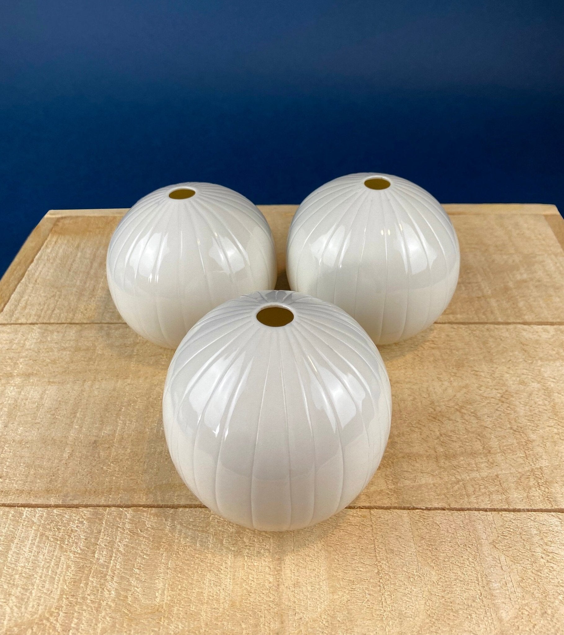 White, Porcelain Modern Vases. Set of Three Sperical Vases with Small Mouths and Fluting. Perfect for Breakfast Tray. Minimal Home Decor. - I Bought a Yard Sale