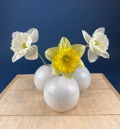 White, Porcelain Modern Vases. Set of Three Sperical Vases with Small Mouths and Fluting. Perfect for Breakfast Tray. Minimal Home Decor. - I Bought a Yard Sale