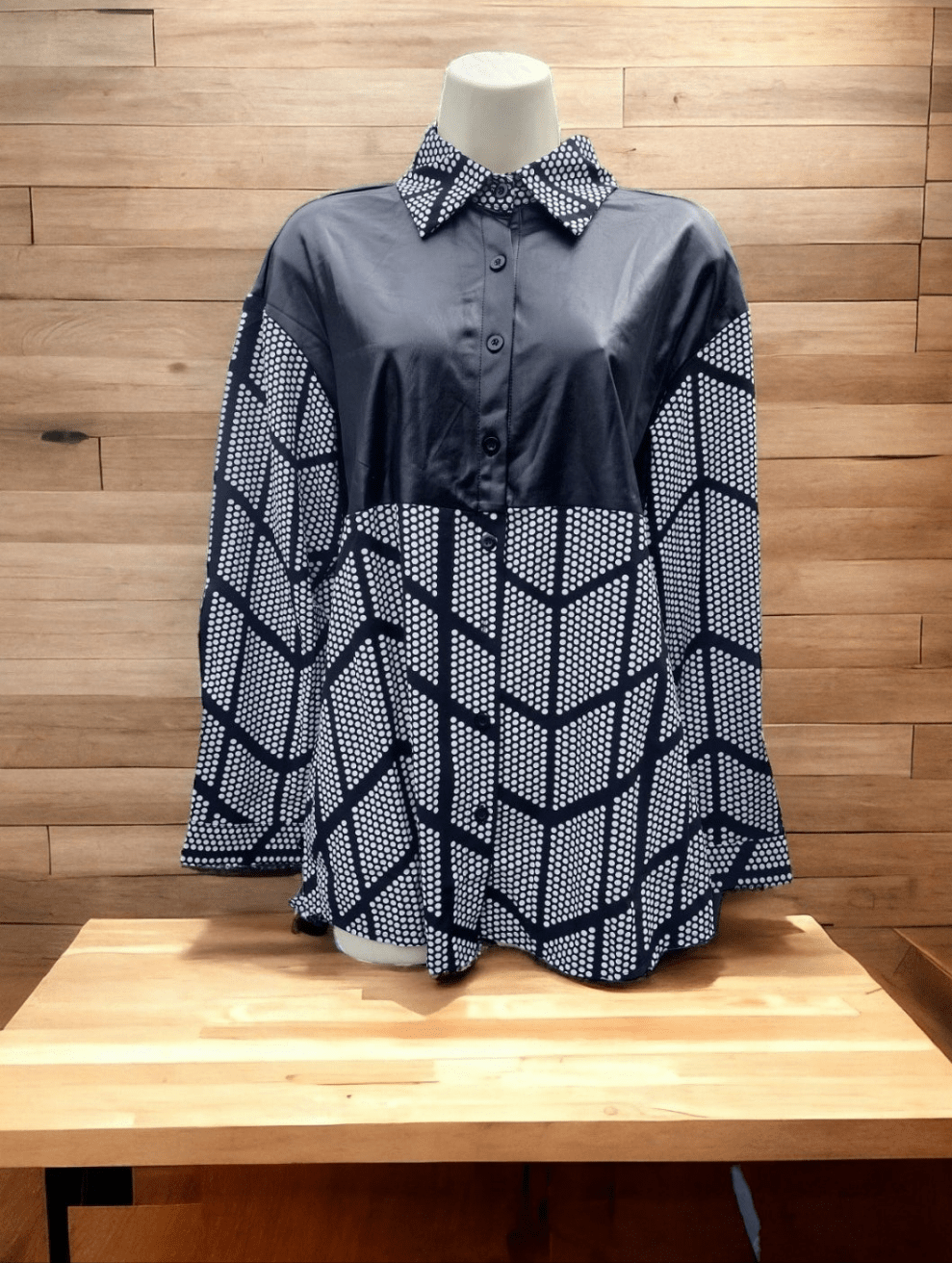 Women's Button DOWN bĺouse Faux leather top part white dots - I Bought a Yard Sale