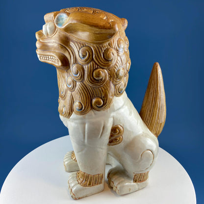 XL Chinese Style Guardian Foo Dog. Glazed Gold & Beige Standing Statue of Animal. Symbolic of Protection. Ethnic Home Art Decor. - I Bought a Yard Sale