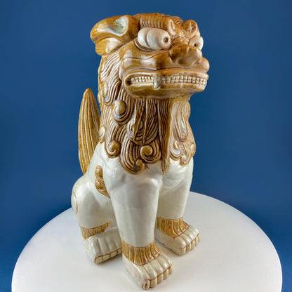XL Chinese Style Guardian Foo Dog. Glazed Gold & Beige Standing Statue of Animal. Symbolic of Protection. Ethnic Home Art Decor. - I Bought a Yard Sale