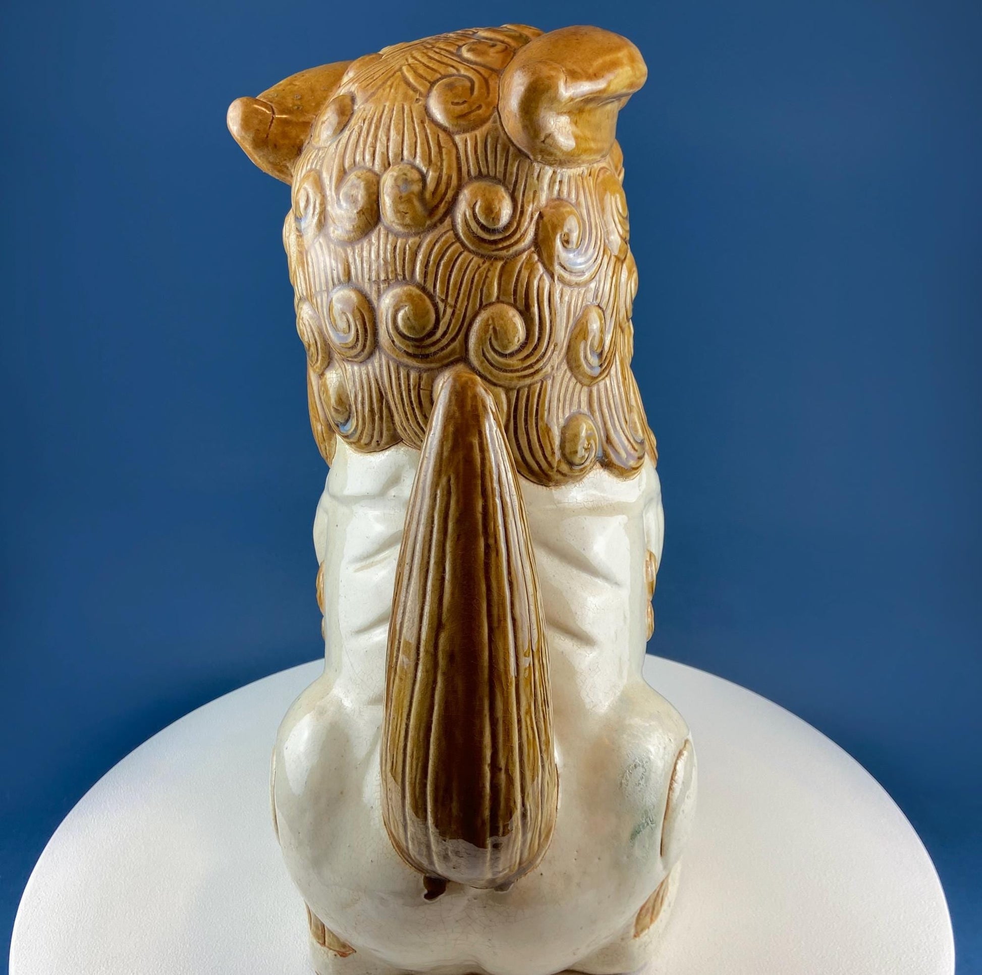 XL Chinese Style Guardian Foo Dog. Glazed Gold & Beige Standing Statue of Animal. Symbolic of Protection. Ethnic Home Art Decor. - I Bought a Yard Sale