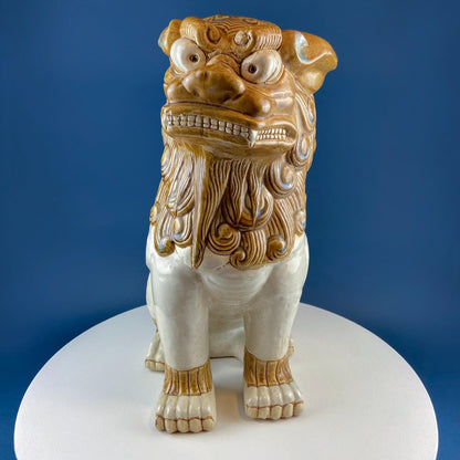 XL Chinese Style Guardian Foo Dog. Glazed Gold & Beige Standing Statue of Animal. Symbolic of Protection. Ethnic Home Art Decor. - I Bought a Yard Sale